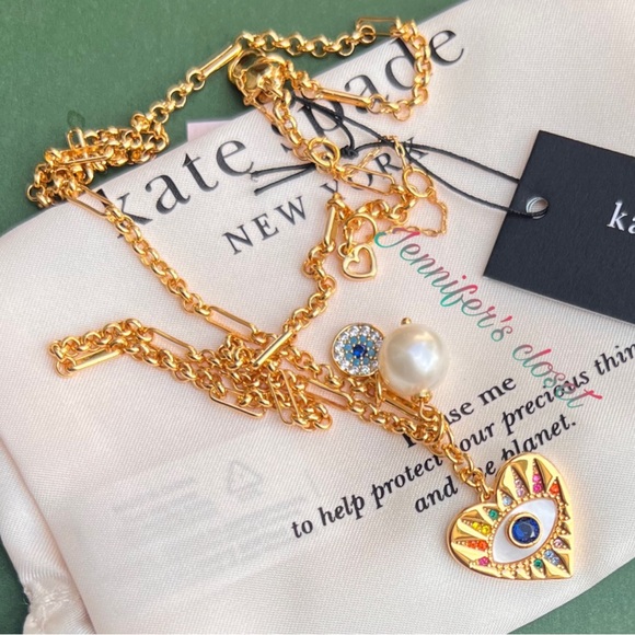 KATE SPADE ♠️ Mixed Stone Evil Eye Heart Multi-Charm Pendant Necklace - Picture 8 of 9